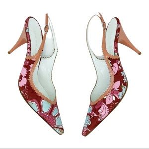 Casadei Floral Print Canvas Leather Slingback Heels